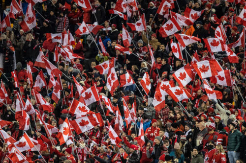 Fans, cheers for Team Canada as they take on Costa Rica during World Cup qualifier soccer action in Edmonton on Friday, November 12, 2021. Jason Franson/The Canadian Press. 
