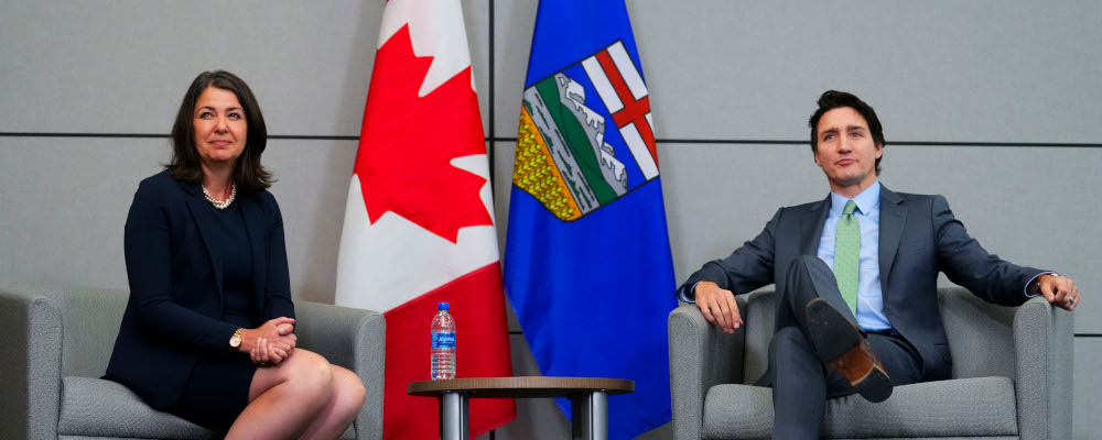 Prime Minister Justin Trudeau meets with Alberta Premier Danielle Smith in Ottawa on Tuesday, Feb. 7, 2023. Sean Kilpatrick/The Canadian Press. 