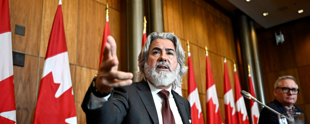 Minister of Canadian Heritage Pablo Rodriguez speaks during a news conference on Bill C-18, July 5, 2023. Justin Tang/The Canadian Press.