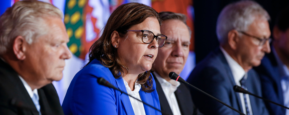 Doug Ford and François Legault listen as Heather Stefanson speaks to media during the closing news conference at the Council of the Federation Canadian premiers meeting in Winnipeg, Wednesday, July 12, 2023. John Woods/The Canadian Press.