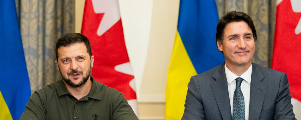 Prime Minister Justin Trudeau and Ukrainian President Volodymyr Zelenskyy meet with business leaders on Friday, Sept. 22, 2023. Spencer Colby/The Canadian Press.