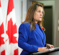 Deputy Prime Minister and Minister of Finance Chrystia Freeland holds a press conference in Ottawa on Friday, Nov. 3, 2023. Sean Kilpatrick/The Canadian Press. 