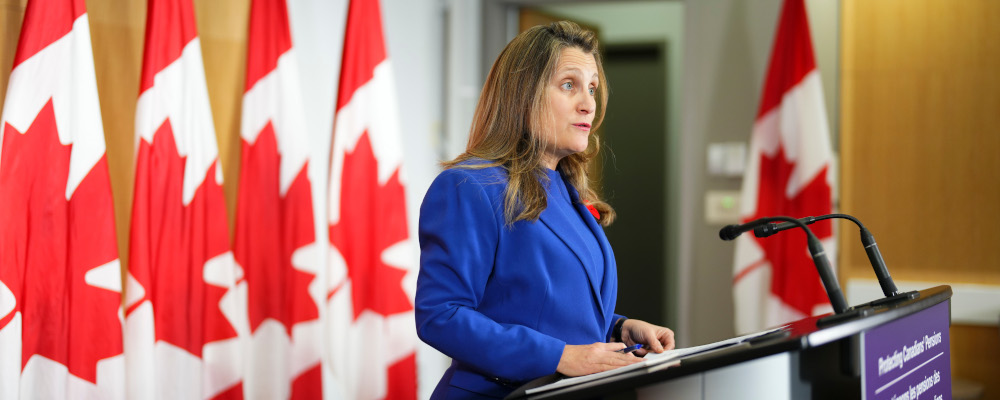 Deputy Prime Minister and Minister of Finance Chrystia Freeland holds a press conference in Ottawa on Friday, Nov. 3, 2023. Sean Kilpatrick/The Canadian Press. 