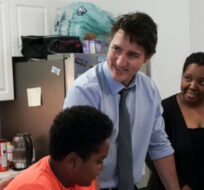 Prime Minister Justin Trudeau meets with the Thompson-Hitchins family to discuss affordable housing, in Caledon, Ont., on Thursday, Feb. 1, 2024. Arlyn McAdorey/The Canadian Press.
