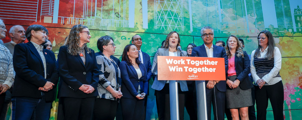 Alberta NDP MLA Kathleen Ganley, centre right, announces she is running for the leadership of the party in Calgary, Monday, Feb. 5, 2024. Jeff McIntosh/The Canadian Press. 