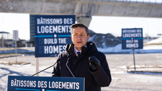 Federal Conservative Party leader Pierre Poilievre speaks about housing at a news conference Thursday, Feb. 15, 2024 in Montreal. Christinne Muschi/The Canadian Press.