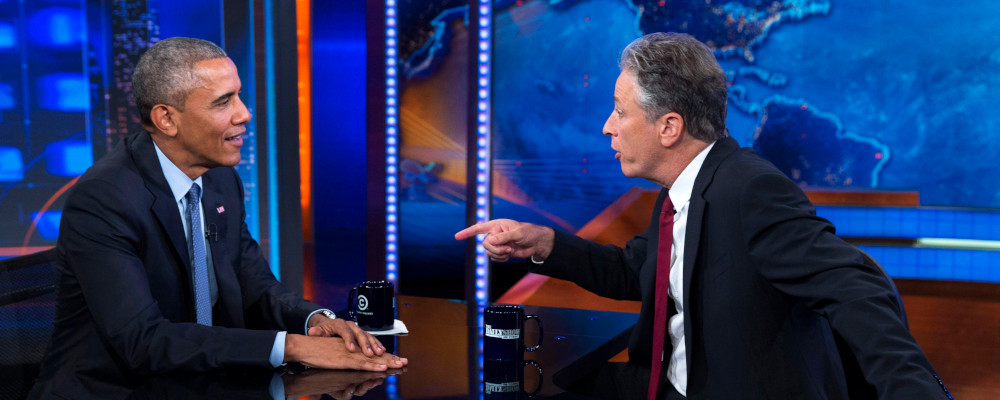 President Barack Obama, left, talks with Jon Stewart, host of "The Daily Show" during a taping on Tuesday, July 21, 2015, in New York. Evan Vucci/AP Photo. 