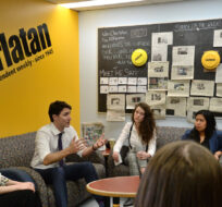 Prime Minister Justin Trudeau speaks with staff at The Charlatan newspaper at Carleton University to mark World Press Freedom Day in Ottawa on Friday, May 3, 2019. Sean Kilpatrick/The Canadian Press