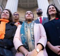 Community leaders Frank Baylis, Rev. Diane Rollert, unknown, Harginder Kaur, Stephen Brown and Laura Berger, let to right, stand outside the Court of Appeal on the first day of hearings on the appeal of Bill 21 in Montreal, on Monday, November 7, 2022. Paul Chiasson/The Canadian Press. 