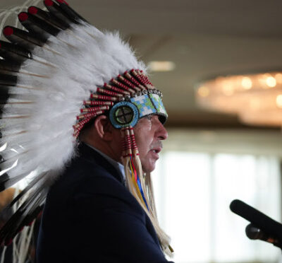 Chief Clinton Key, of the Key First Nation, speaks during a news conference about the launch of consultations regarding Bill C-92, federal legislation that re-affirms the rights of Indigenous communities to establish and provide their own child welfare services, in Vancouver, on Tuesday, March 21, 2023. Darryl Dyck/The Canadian Press