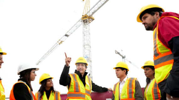 Canadian Prime Minister Justin Trudeau, centre, overlooks the construction of new housing in Brampton, Ont., Friday, Oct. 20, 2023. Nathan Denette/The Canadian Press. 