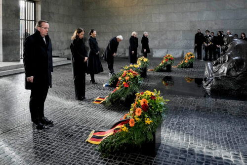 A wreath laying ceremony at the central German memorial for the victims of war and tyranny 'Neue Wache' on the occasion of the 'Volkstrauertag', Germany's national day of mourning, in Berlin, Germany, Sunday, Nov. 19, 2023. (AP Photo/Markus Schreiber)