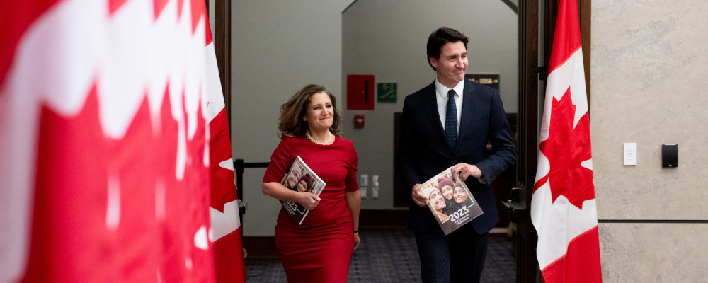 Deputy Prime Minister and Minister of Finance Chrystia Freeland, left, and Prime Minister Justin Trudeau take part in a photo opportunity during the Fall Economic Statement on Parliament Hill in Ottawa, on Tuesday, Nov. 21, 2023. Spencer Colby/The Canadian Press.