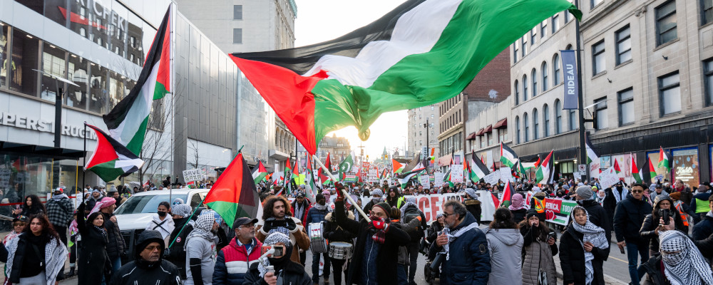 Pro-Palestinian protesters are seen during a protest in downtown Ottawa, on Saturday, Nov. 25, 2023. Spencer Colby/The Canadian Press. 