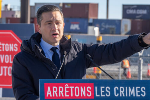 Federal Conservative Party leader Pierre Poilievre speaks about his car theft policy during a news conference at the Port of Montreal on Tuesday, February 6, 2024. Ryan Remiorz/The Canadian Press.