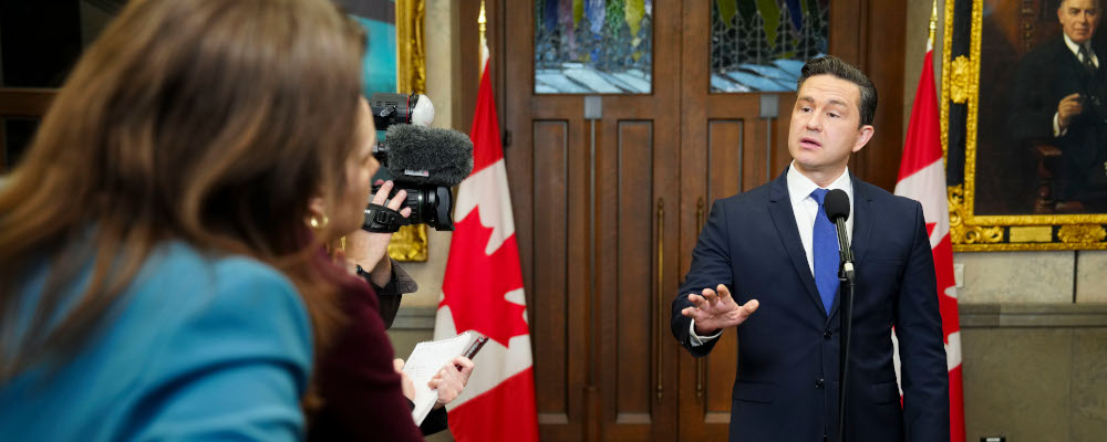 Conservative Leader Pierre Poilievre holds a press conference in the foyer of the House of Commons on Parliament Hill in Ottawa, Monday, Feb. 12, 2024. Sean Kilpatrick/The Canadian Press. 
