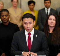 Arif Virani, Minister of Justice, and Attorney General of Canada, speaks during a press conference on Parliament Hill in Ottawa regarding the new online harms bill on Monday, Feb. 26, 2024. Sean Kilpatrick/The Canadian Press. 