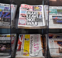 A selection of front pages from the British newspaper for Saturday, Feb. 1, 2020 at a newsagents in Central London. Britain has officially left the European Union on Friday after a debilitating political period that has bitterly divided the nation since the 2016 Brexit referendum. (Alberto Pezzali/AP Photo)