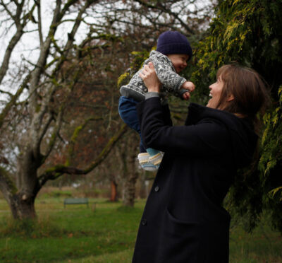 New mother Madeleine Shaw shares a moment with her son George Shaw-Macdonald while at Beacon Hill Park in Victoria, B.C., on Friday, December 18, 2020. Chad Hipolito/The Canadian Press. 