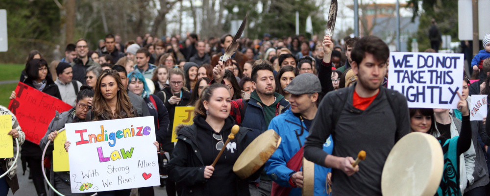 Students stage a walkout to raise awareness about systemic discrimination in the Canadian justice system during a protest at the University of Victoria in Victoria, B.C., on Wednesday, March 14, 2018. Chad Hipolito/The Canadian Press. 