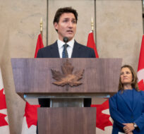 Deputy Prime Minister and Finance Minister Chrystia Freeland looks on as Canadian Prime Minister Justin Trudeau announces sanctions on Iran, in Ottawa, Friday, Oct. 7, 2022. Adrian Wyld/The Canadian Press. 