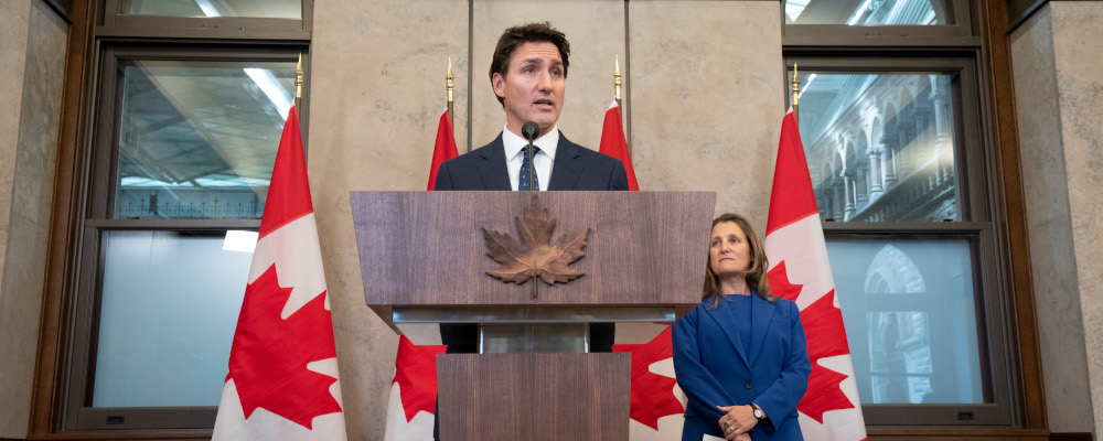 Deputy Prime Minister and Finance Minister Chrystia Freeland looks on as Canadian Prime Minister Justin Trudeau announces sanctions on Iran, in Ottawa, Friday, Oct. 7, 2022. Adrian Wyld/The Canadian Press. 