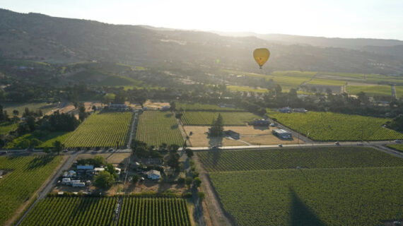A hot air balloon floats over vineyards, seen from a Napa Valley Aloft balloon, in Napa, Calif., Monday, June 19, 2023. Eric Risberg/AP Photo. 