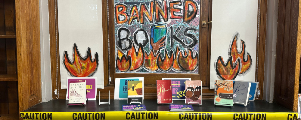 A Banned Books Week display is at the Mott Haven branch of the New York Public Library in the Bronx borough of New York City on Saturday, October 7, 2023. Ted Shaffrey/AP Photo. 