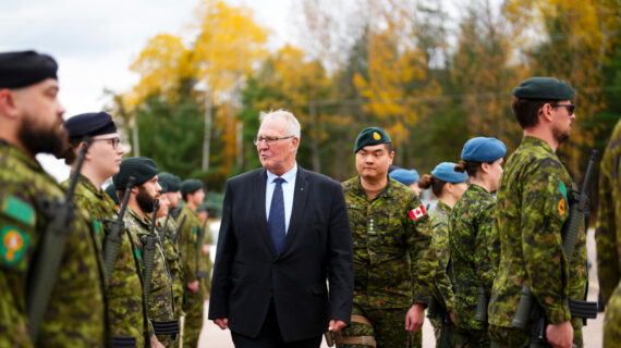 A Quarter Guard welcomes Minister of National Defence Bill Blair as he arrives to an announcement Petawawa, Ont., on Thursday, Oct. 19, 2023. Sean Kilpatrick/The Canadian Press. 