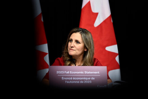 Minister of Finance Chrystia Freeland speaks at a news conference before the tabling of the Fall Economic Statement, in Ottawa, on Tuesday, Nov. 21, 2023. Justin Tang/The Canadian Press.