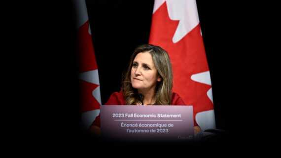 Minister of Finance Chrystia Freeland speaks at a news conference before the tabling of the Fall Economic Statement, in Ottawa, on Tuesday, Nov. 21, 2023. Justin Tang/The Canadian Press.