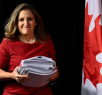 Minister of Finance Chrystia Freeland arrives at a news conference before the tabling of the Fall Economic Statement, in Ottawa, on Tuesday, Nov. 21, 2023. Justin Tang/The Canadian Press. 