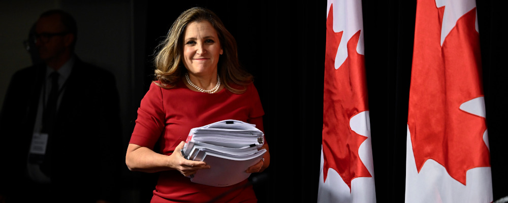 Minister of Finance Chrystia Freeland arrives at a news conference before the tabling of the Fall Economic Statement, in Ottawa, on Tuesday, Nov. 21, 2023. Justin Tang/The Canadian Press. 