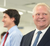 Ontario Premier Doug Ford and Prime Minister Justin Trudeau Ford attend an announcement at Seneca College, in King City, Ont., Friday, Feb. 9, 2024. Chris Young/The Canadian Press. 