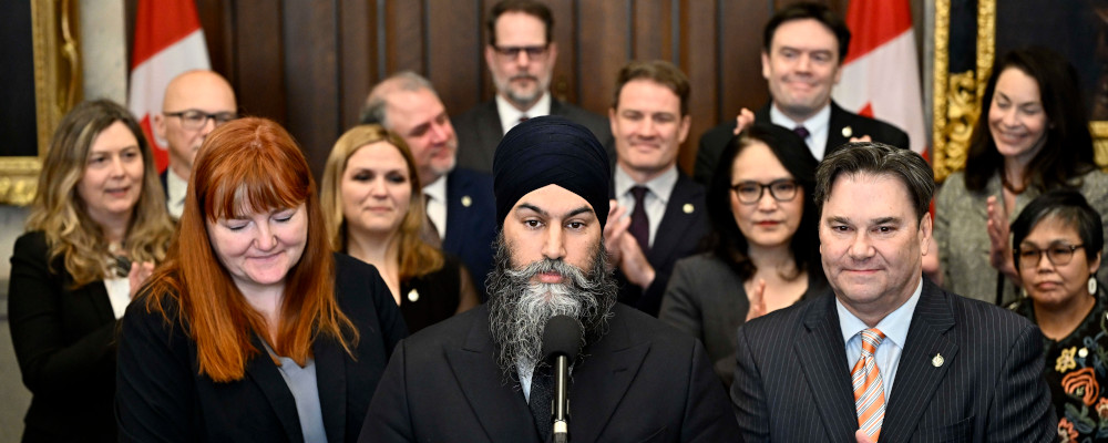 NDP Leader Jagmeet Singh speaks in the Foyer of the House of Commons on Parliament Hill in Ottawa, on Thursday, Feb. 29, 2024. Justin Tang/The Canadian Press. 