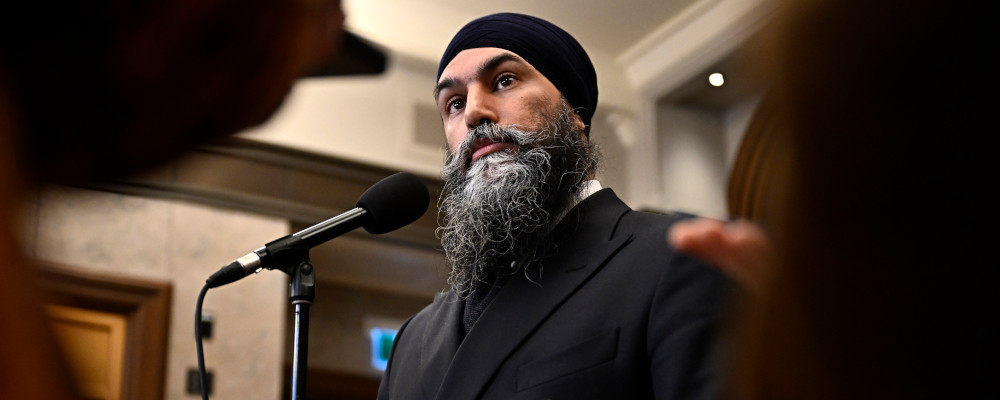 NDP Leader Jagmeet Singh speaks about drug coverage for Canadians, in the Foyer of the House of Commons on Parliament Hill in Ottawa, on Thursday, Feb. 29, 2024. Justin Tang/The Canadian Press. 