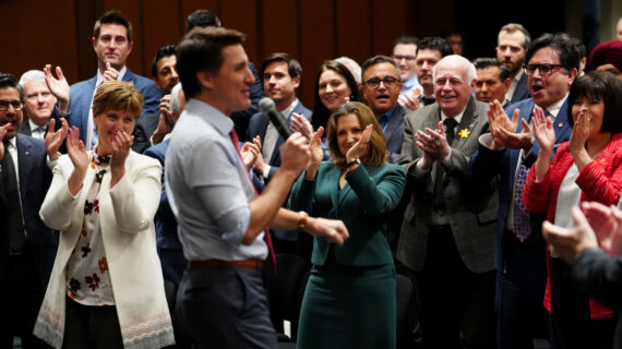 Chrystia Freeland applauds as Justin Trudeau delivers a speech to his caucus on Parliament Hill  in Ottawa on Wednesday, April 17, 2024. Sean Kilpatrick/The Canadian Press. 