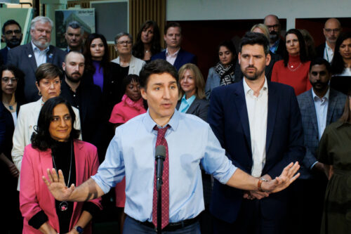 Prime Minister Justin Trudeau is flanked by Minister of Housing Sean Fraser, right, and Treasury Board President Anita Anand, left, during a press conference in Oakville, Ont., on Wednesday, April 24, 2024. Cole Burston/The Canadian Press. 