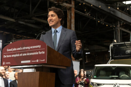 Prime Minister Justin Trudeau speaks during a news conference announcing the construction of an electric vehicle battery production plant by Volkswagen Group’s battery company PowerCo SE in St. Thomas, Ontario Friday, April 21, 2023. THE CANADIAN PRESS/Tara Walton