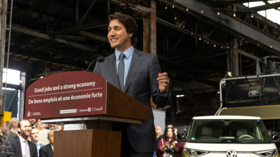 Prime Minister Justin Trudeau speaks during a news conference announcing the construction of an electric vehicle battery production plant by Volkswagen Group’s battery company PowerCo SE in St. Thomas, Ontario Friday, April 21, 2023. THE CANADIAN PRESS/Tara Walton