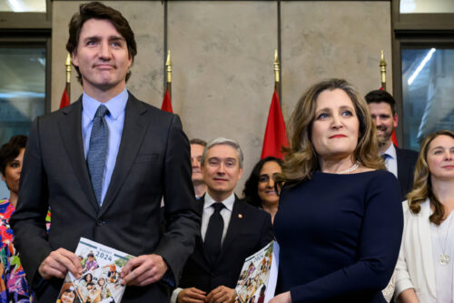 Prime Minister Justin Trudeau, Deputy Prime Minister and Minister of Finance Chrystia Freeland and cabinet ministers pose for a photo before the tabling of the federal budget on Parliament Hill in Ottawa, on Tuesday, April 16, 2024. Justin Tang/THE CANADIAN PRESS