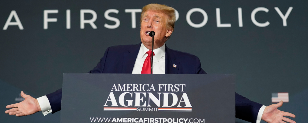 Former President Donald Trump speaks at an America First Policy Institute agenda summit at the Marriott Marquis in Washington, Tuesday, July 26, 2022. Andrew Harnik/AP Photo. 