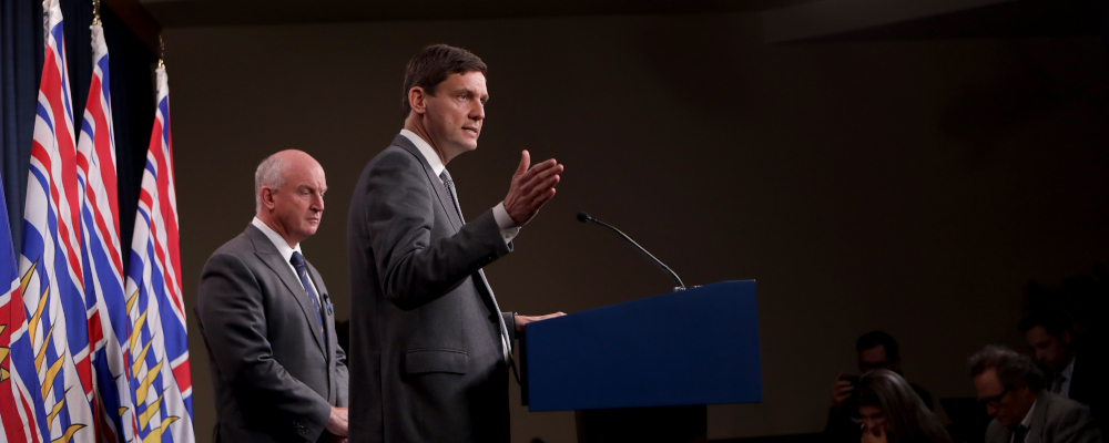 Premier David Eby joined by Minister of Public Safety and Solicitor General Mike Farnworth announce that the B.C. government is banning the use of hard drugs in public places at the legislature in Victoria, B.C., on Oct 5, 2023. Chad Hipolito/The Canadian Press. 