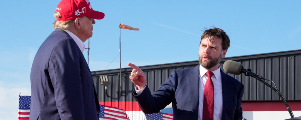 U.S. Sen. J.D. Vance, R-Ohio, right, points toward Republican presidential candidate and former President Donald Trump at a campaign rally, Saturday, March 16, 2024, in Vandalia, Ohio. Jeff Dean/AP Photo. 