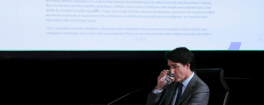 Prime Minister Justin Trudeau appears as a witness at the Public Inquiry Into Foreign Interference in Federal Electoral Processes and Democratic Institutions in Ottawa on Wednesday, April 10, 2024. Sean Kilpatrick/The Canadian Press. 