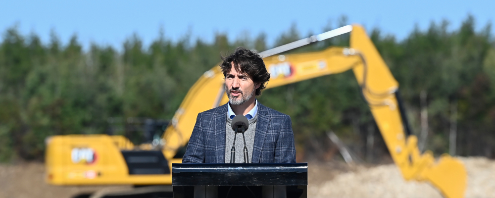 Canadian Prime Minister Justin Trudeau speaks while taking part in a ground breaking event at the Iamgold Cote Gold mining site in Gogama, Ont., on Friday, September 11, 2020. Nathan Denette/The Canadian Press. 